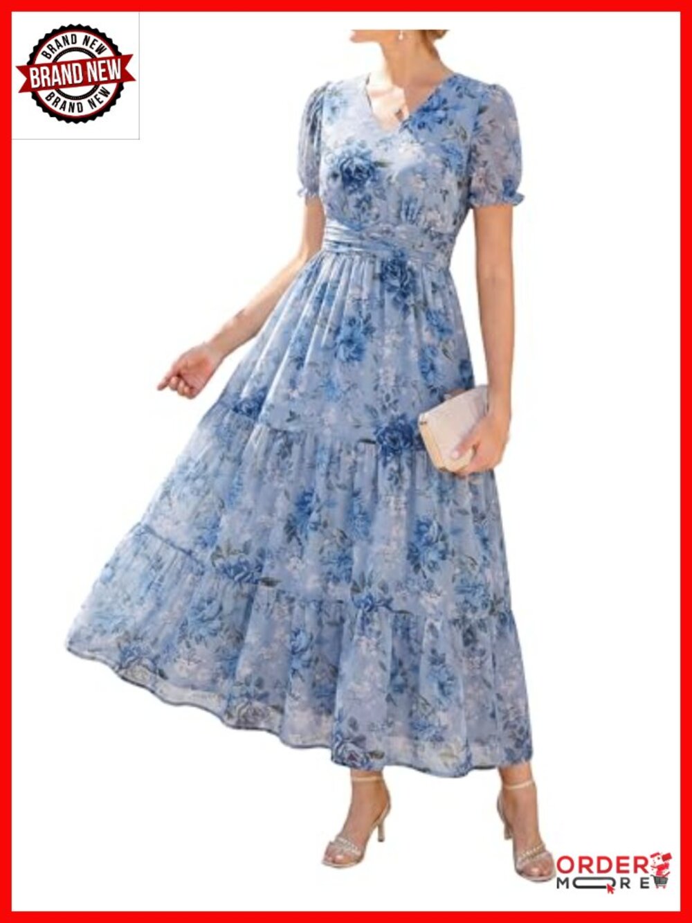 Women's Floral Maxi Dress V-Neck Short Sleeve with Pockets